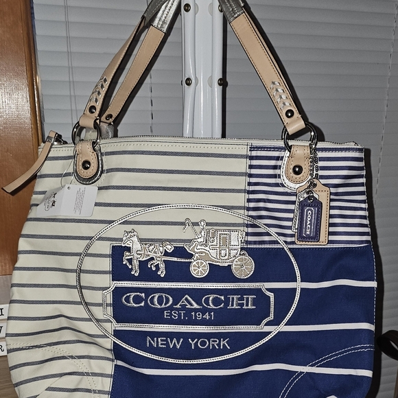Coach Handbags - **Sold**Coach Blue and Cream Striped Tote Bag